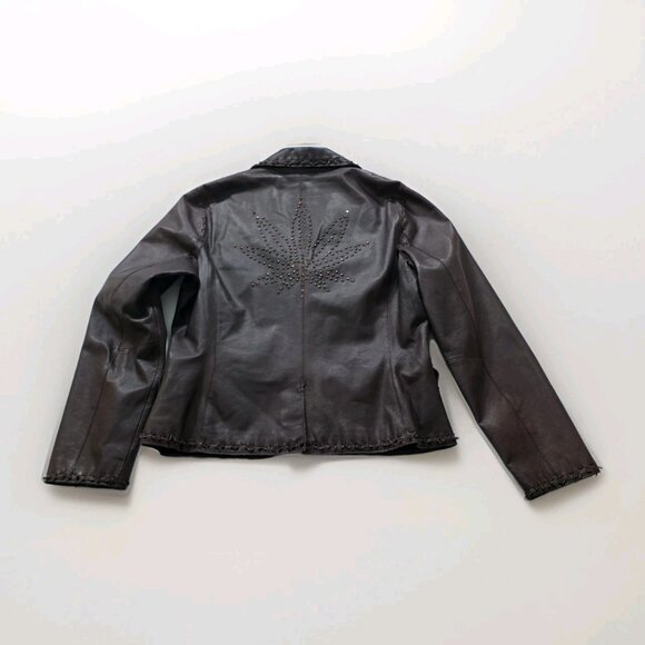 Danier Leather Jacket Women L Brown Studded Leaf Pockets Lined Boho Glitter Punk - Picture 16 of 16